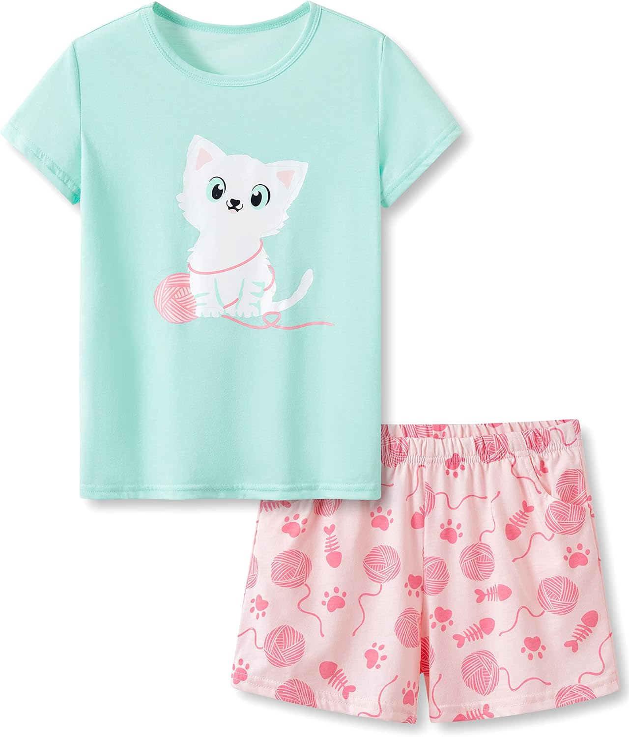 Beezizac Girls Cotton Sleepover Pajama Set for Little & Big Girls Short Sleeve S...