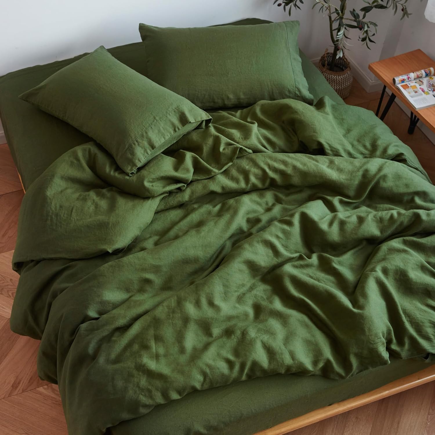 Sijo Stone Washed 100% Organic French Linen Bed Sheet Set, GOTS Certified Organi...