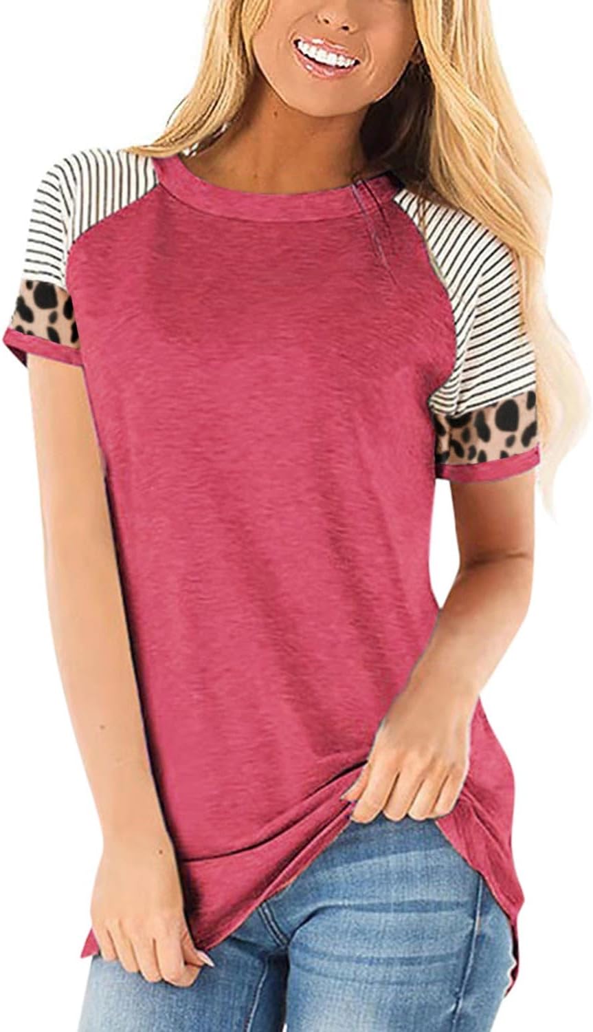 Leopard Print Tops for Women Long Sleeve Crew Neck Patchwork T Shirt Blouse Zs-r...