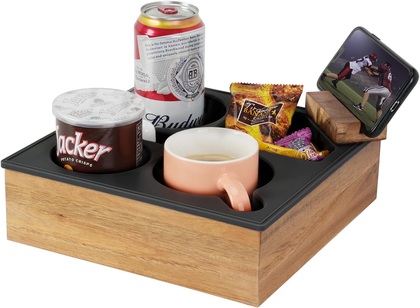Hitseon Couch Cup Holder Tray, Special Silicone Acacia Wooden Couch Caddy for Be...