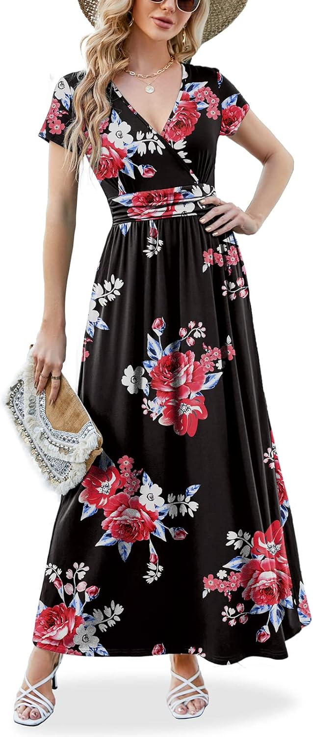 ANRILITA Maxi Dress for Women Wrap V Neck Short Sleeve Empire Pleated Waist Summ...