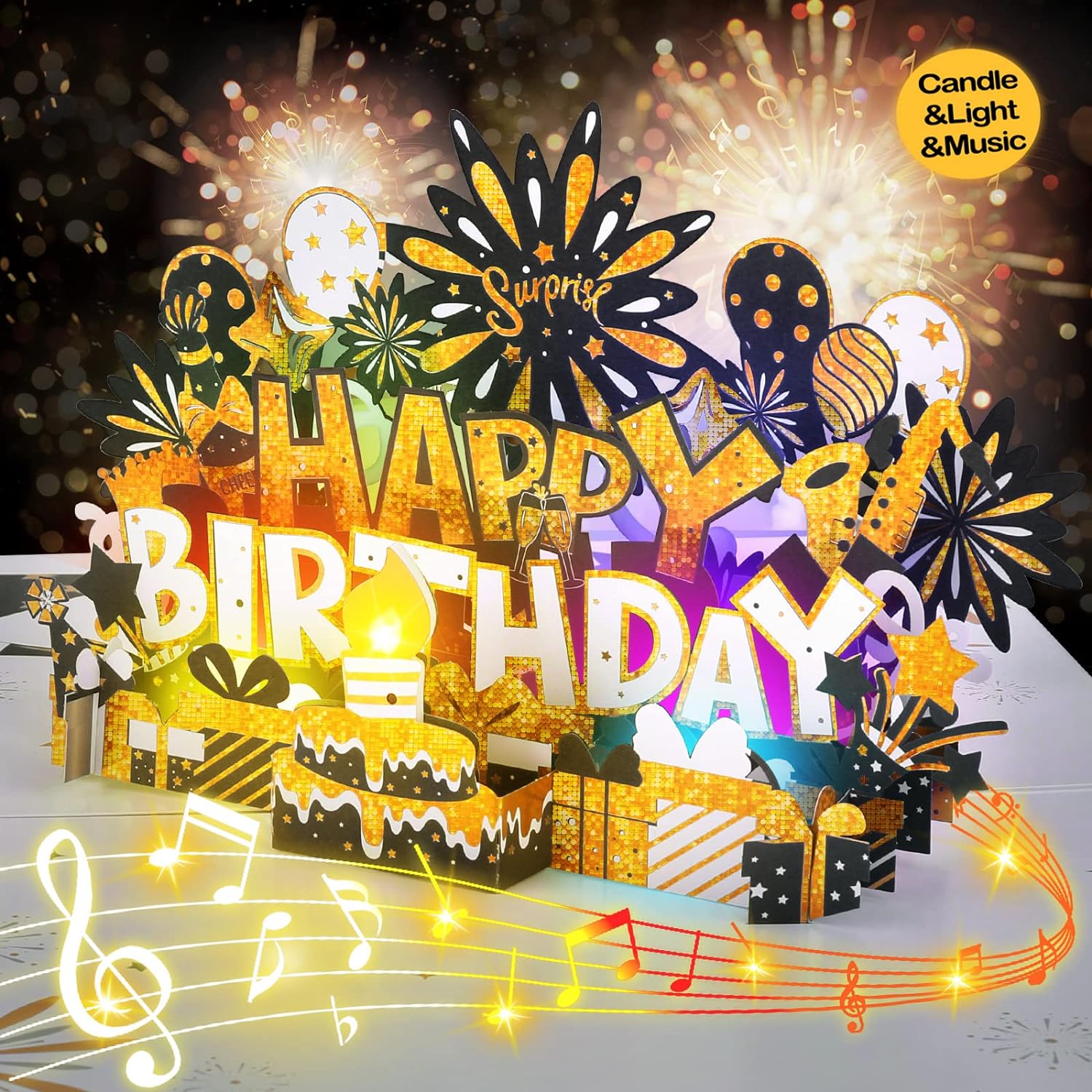 Birthday Card | Musical Pop Up Birthday Cards w Light | Blow Out LED Light Candl...