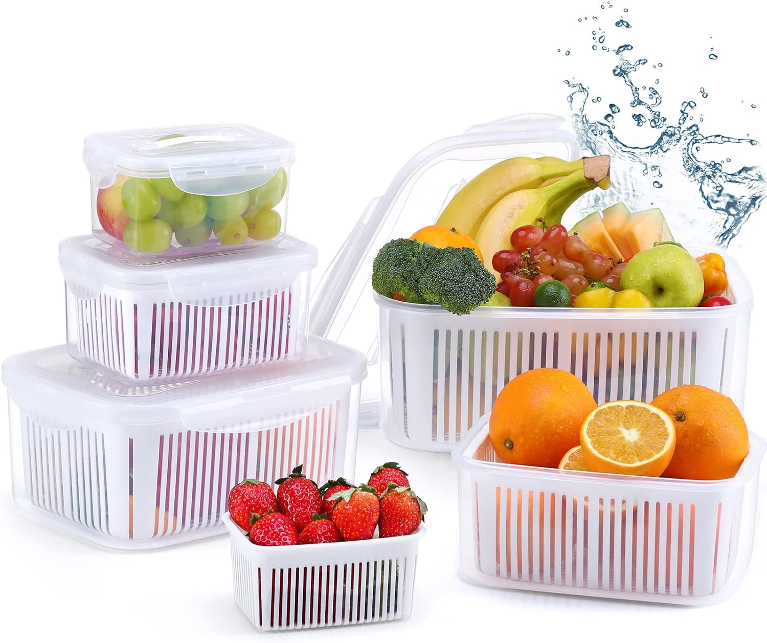 LUXEAR Larger Fruit Vegetable Produce Storage Saver Containers with Lid & Coland...