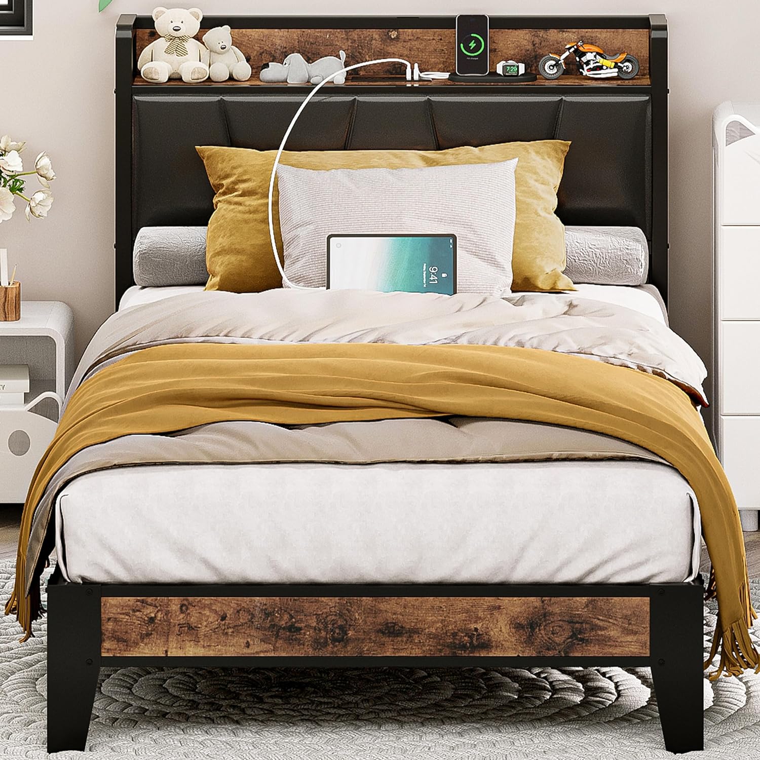LIKIMIO Twin Bed Frame, Storage Headboard with Charging Station, Solid and Stabl...
