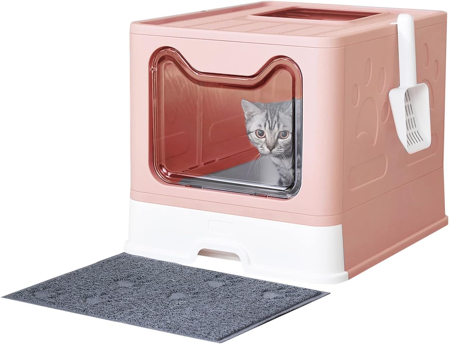 Cat Litter Box with Litter Mat and Scoop, Large Foldable Litter Box with Lid, Fr...