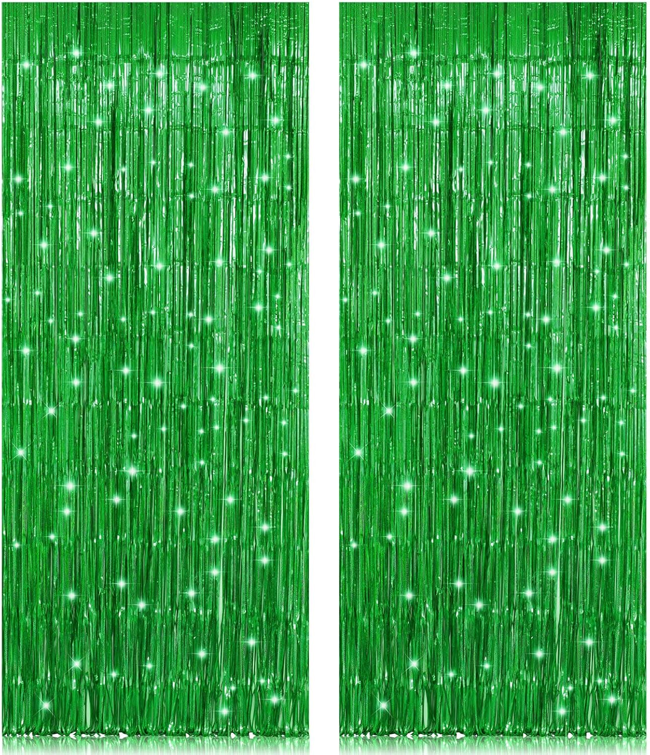 2 Pack 3.2ft x 8.2ft Green Foil Fringe Curtain, Metallic Tinsel Foil Fringe Rain...