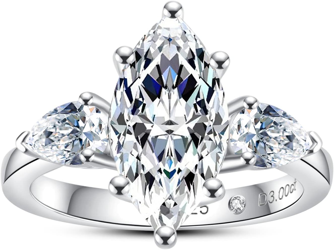 AnuClub Round/Emerald/Marquise Cut Moissanite 3 Stone Engagement Rings D Color V...