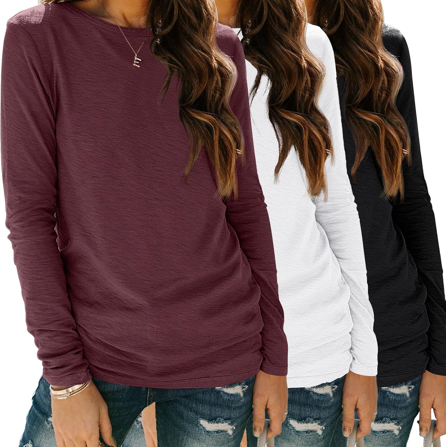 SUNBS Womens 3 Packs Long Sleeve Shirts Loose Fit Fall Tops Fashion Clothes Outf...