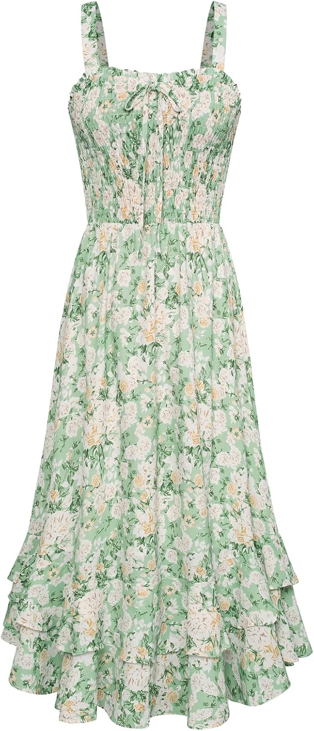 GRACE KARIN Women Summer Strappy Floral Maxi Dress Square Neck Dual Layer Hem Sm...