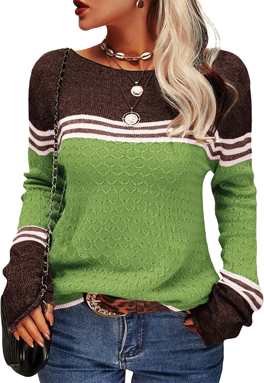 Hormtaer Womens Jumpers Crew Neck Long Sleeve Knit Sweater Colorblock Striped Kn...