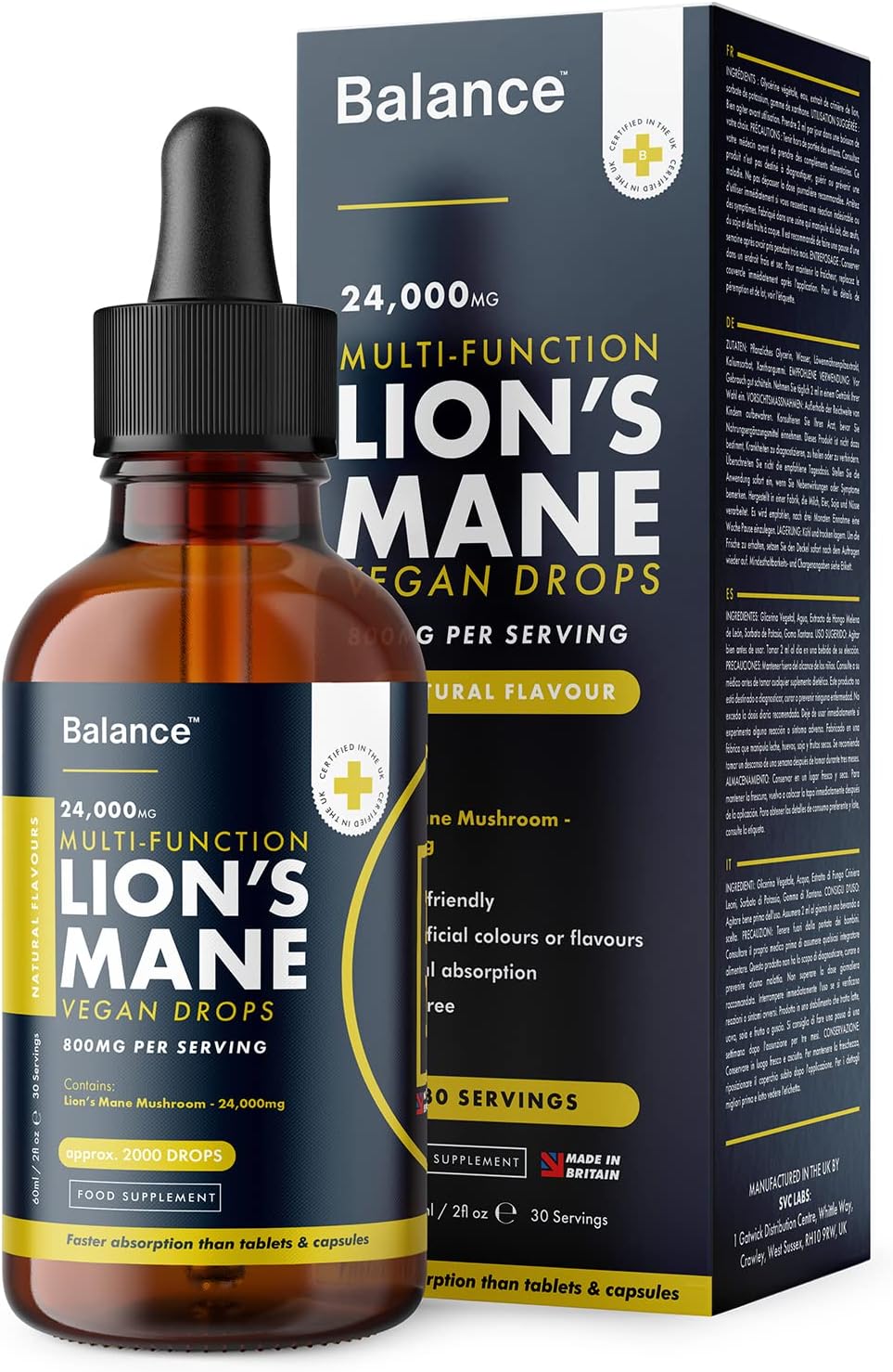 Lions Mane Supplement Liquid Drops - High Strength of 24,000mg per 60ml Bottle a...