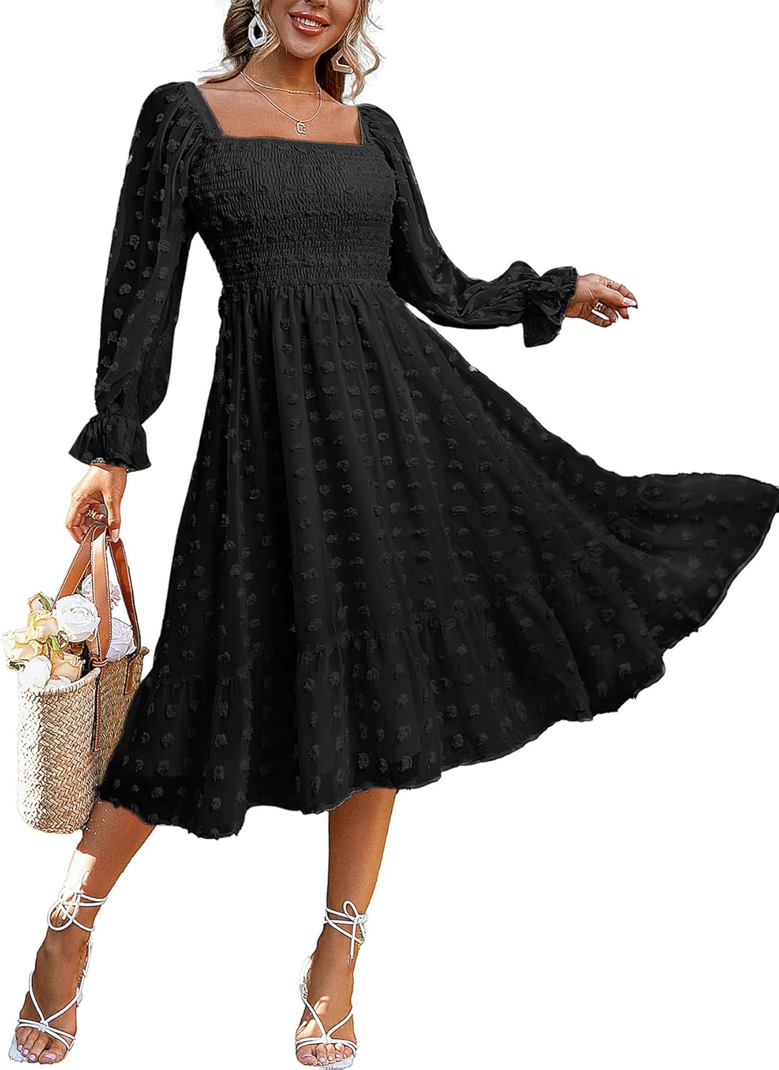 Amegoya Women's Boho Flowy Long Sleeve Square Neck Floral Midi Dress Smocked Spr...