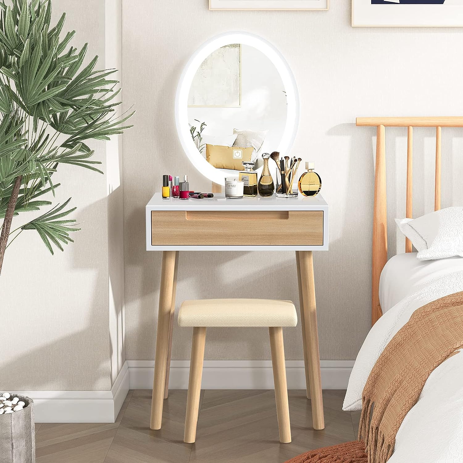 YOURLITE Makeup Vanity Table Set with 3 Modes Adjustable Lighted Mirror Cushione...