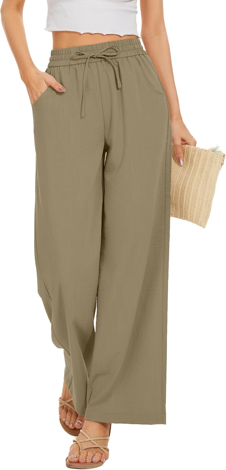 Women Summer Pants Flowy Pants Drawstring Waist Wide Leg Palazzo Beach Pants Loo...