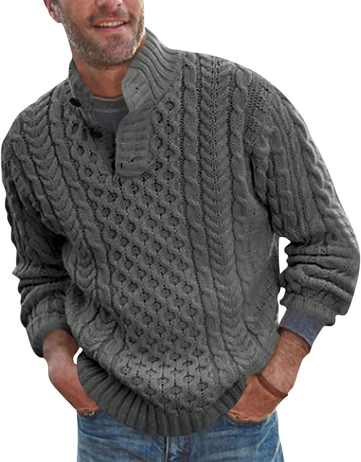 Bbalizko Mens Stand Collar Pullover Sweater Cable Knitted Chunky Winter Fashion...