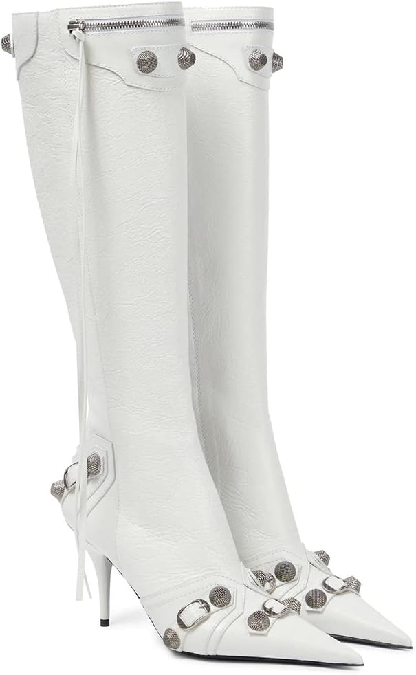 VOMIRA Knee High Boots, Sexy Pointed Toe Rivets Tassels Stilettos, Unique High H...
