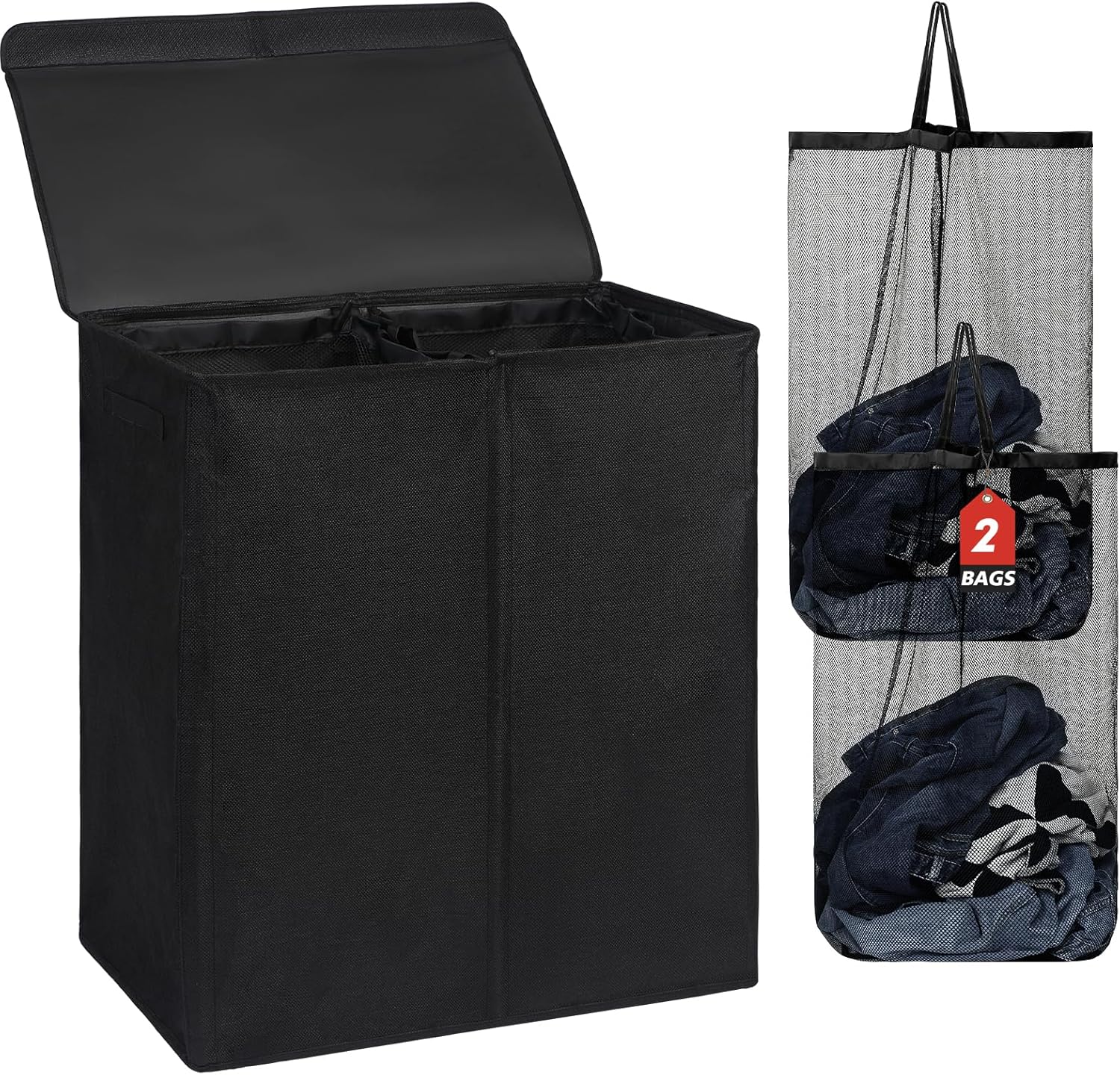 DOKEHOM 150L Double Laundry Basket with Lid and Removable Laundry Bags, Large Co...