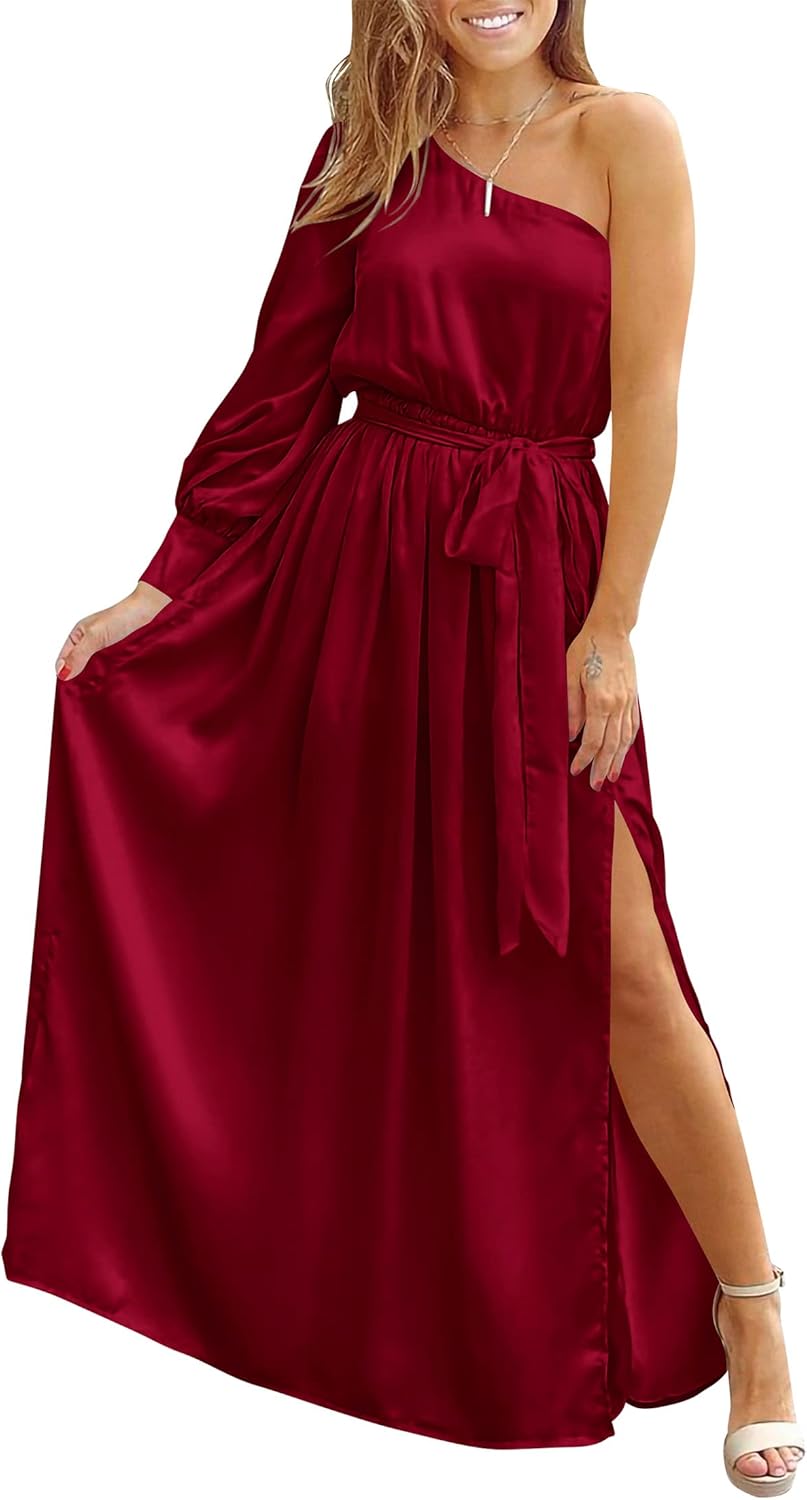 KIRUNDO Women's Satin Dress, Special One Shoulder Maxi Dress with Asymmetrical T...