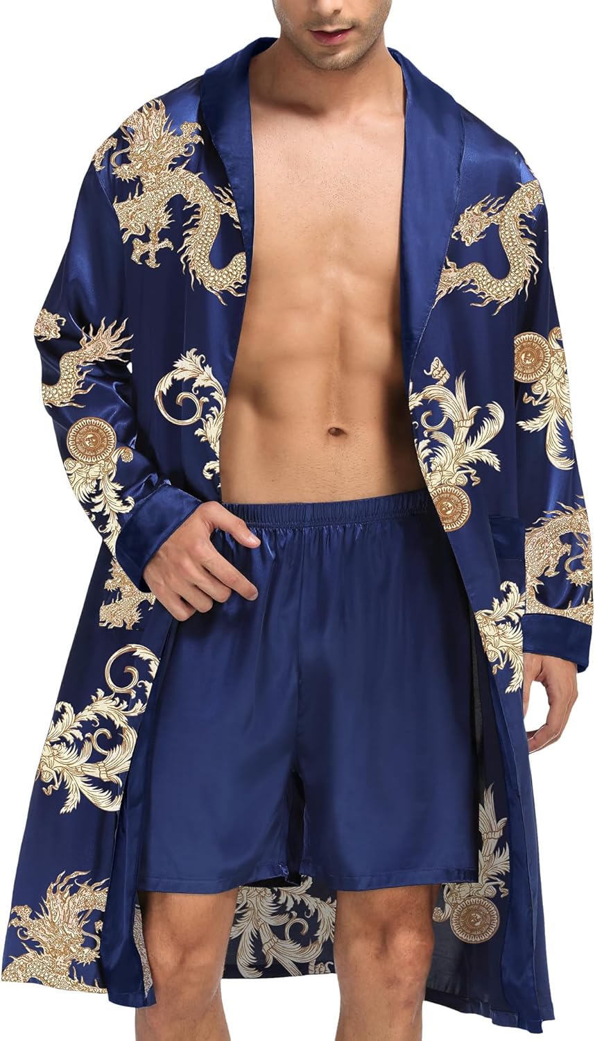 SWOMOG Men's Satin Robe, Special Satin Robe with Shorts Set, Silky Kimono Bathro...
