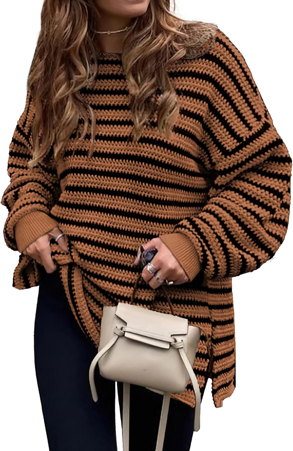 KIRUNDO Women's 2024 Fall Winter Oversized Long Sleeve Striped Sweater Casual Cr...