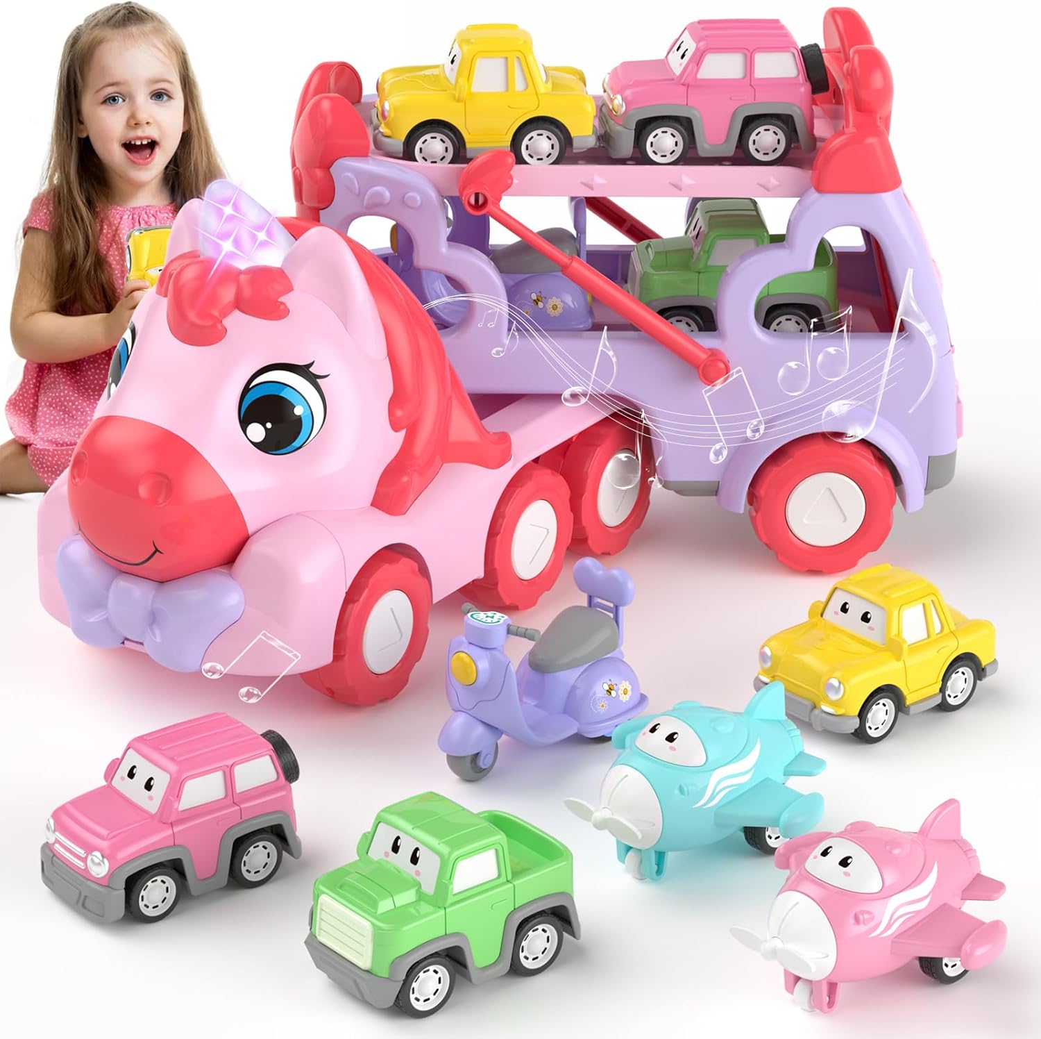 Toys for 1 2 3 Year Old Girl, Special 7-in-1 Unicorn Carrier Truck Toy for Girls...