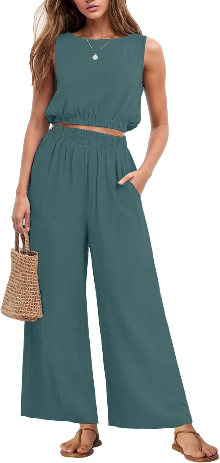 GRECERELLE Two Piece Sets for Women Sleeveless Crop Top Wide Leg Pants Sweat Set...