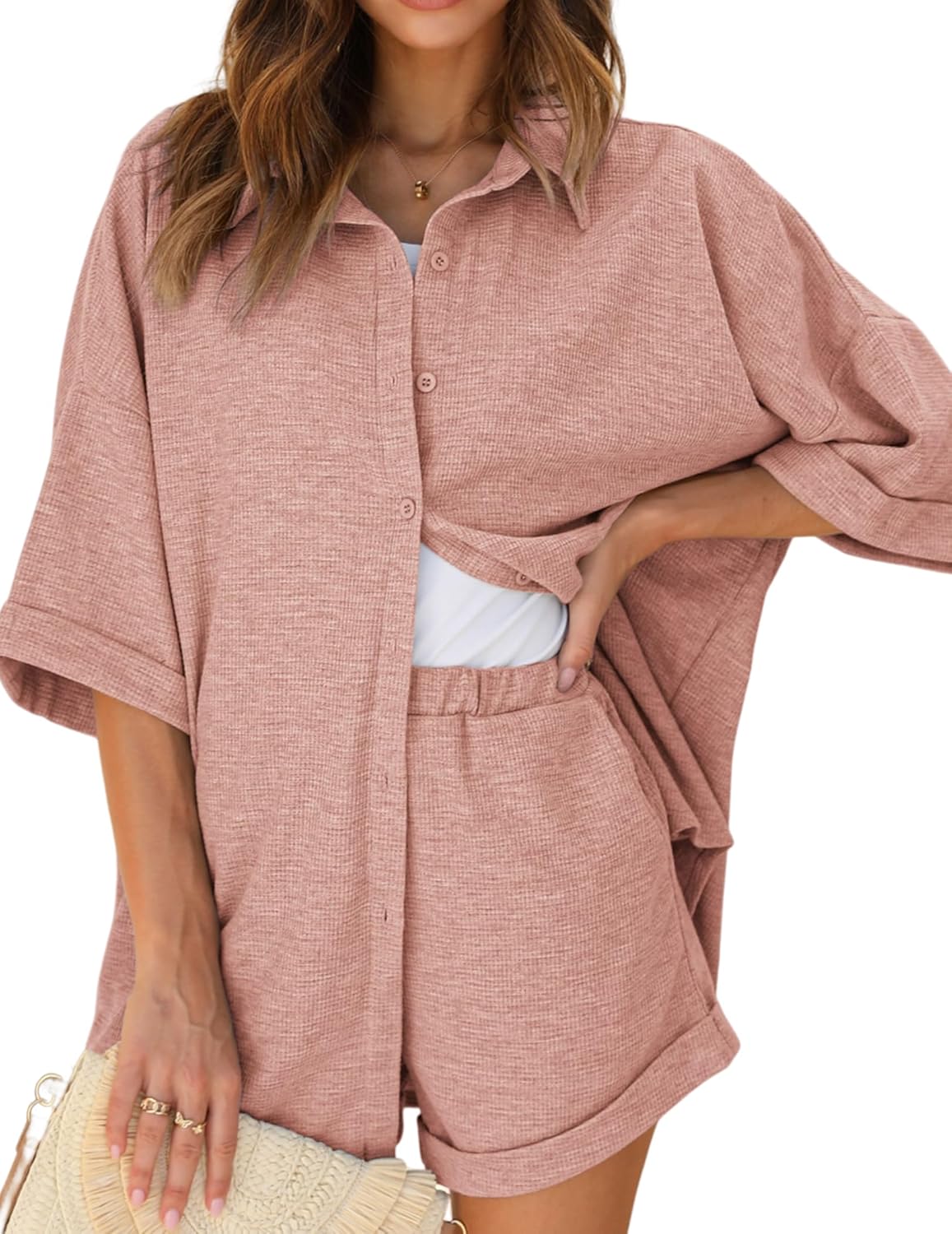 Ekouaer Waffle Knit Lounge Sets, Special Pajamas for Women, Innovative Short Sle...