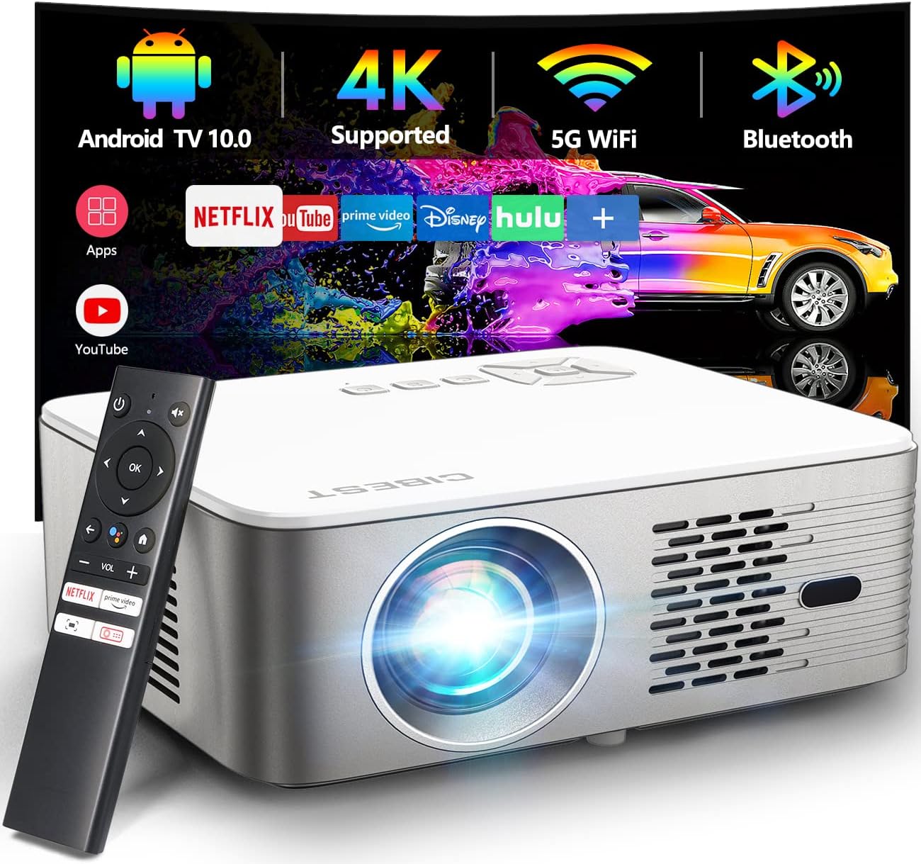 Projector 4K Support with 5G WiFi Bluetooth, CIBEST Android TV 10 Native 1080P F...