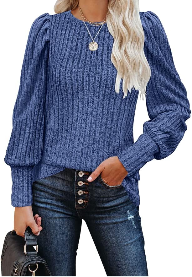 MIHOLL Women's Puff Long Sleeve Shirts Casual Knit Blouses Crew Neck Elegant Tun...