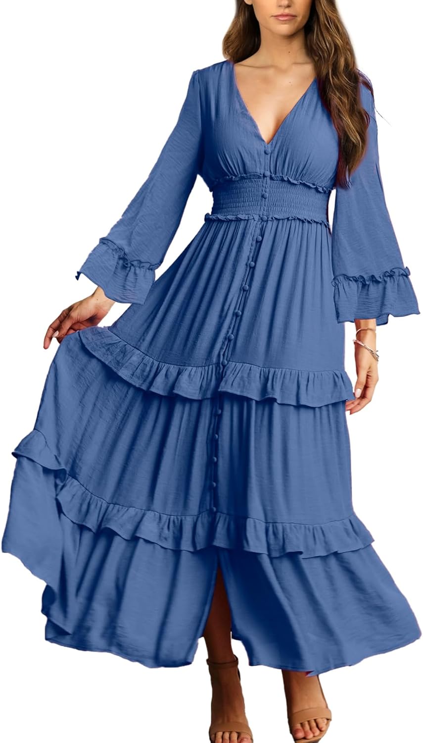 Amegoya Women's V Neck Long Sleeve Boho Maxi Dress Summer Wedding Guest Long Flo...