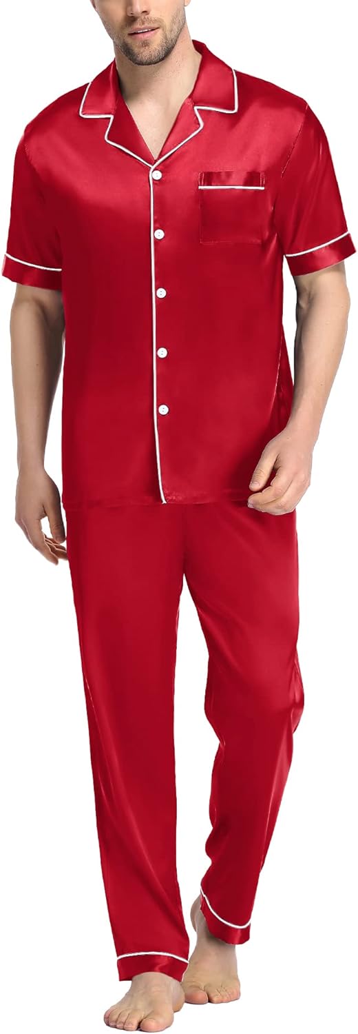 SWOMOG Mens Satin Silky Pajama Set, Special Sleepwear with Short Sleeve, Innovat...