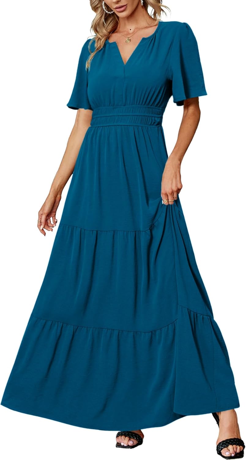 Amegoya Women's Summer Boho Maxi Dresses Casual V Neck Short Sleeve A-line Empir...