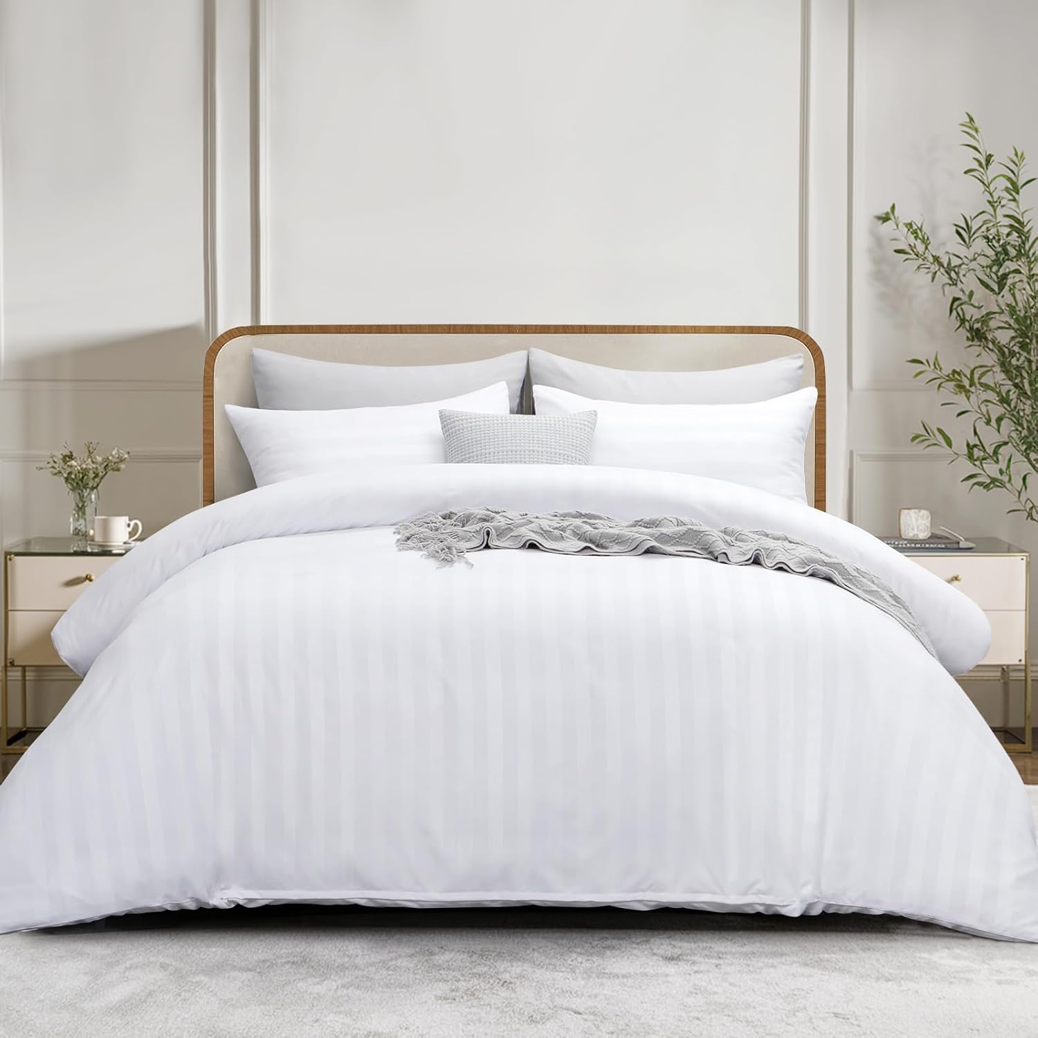 RUIKASI King Size Duvet Cover Set - Satin Stripes Duvet Cover with 2 Pillowcases...