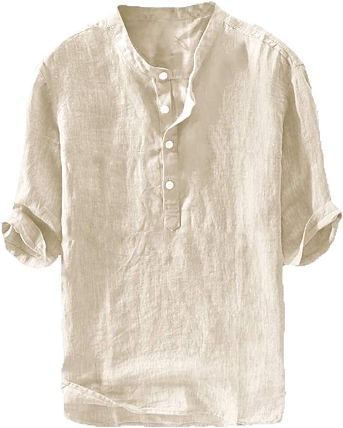 Ryannology Men's Shirt, Special Linen Shirt with Henley 3/4 Sleeve, Innovative C...