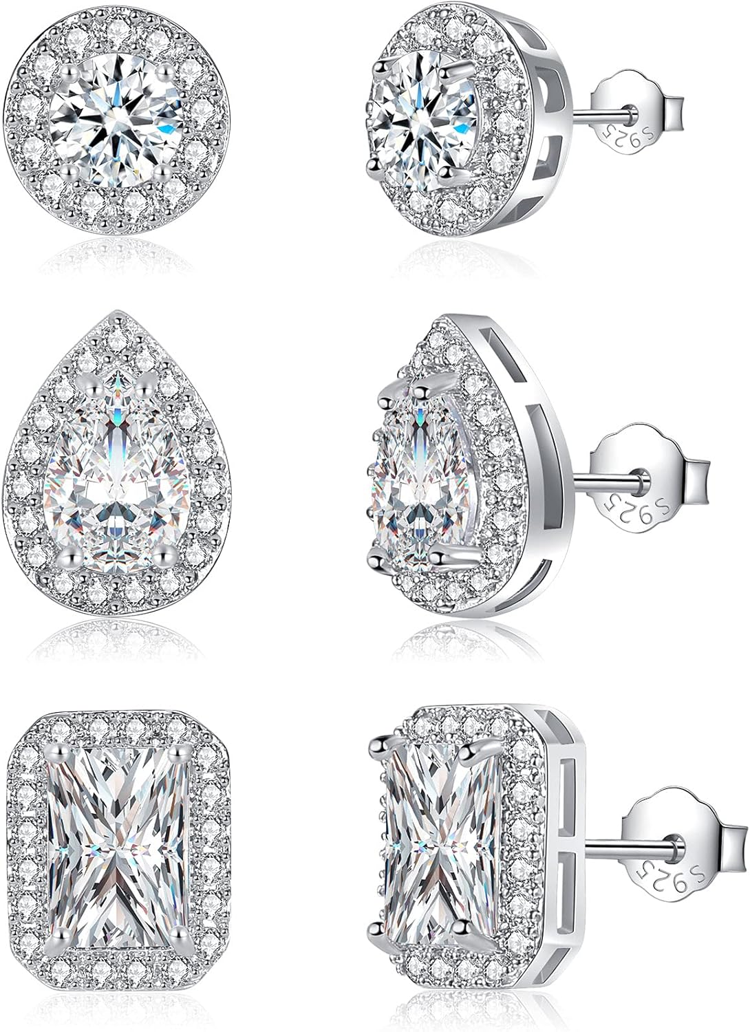 CERSLIMO Silver Stud Earrings for Women, Elegant Round Faux Diamond Halo Earring...