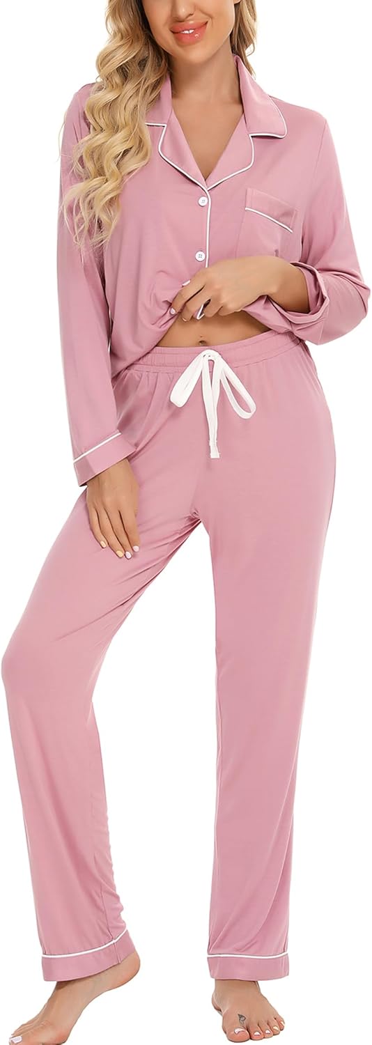 Leikar Button Up Pajama Set For Women Long Sleeve Shirt And Pajama Pants Soft Pj...
