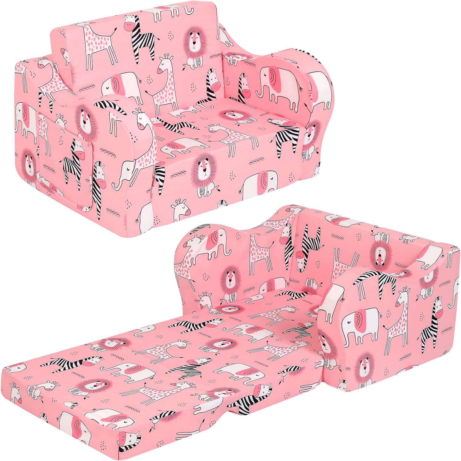 Pink Kids Sofa, 2-in-1 Kids Couch Fold Out, Convertible Sofa to Bed for Girls an...