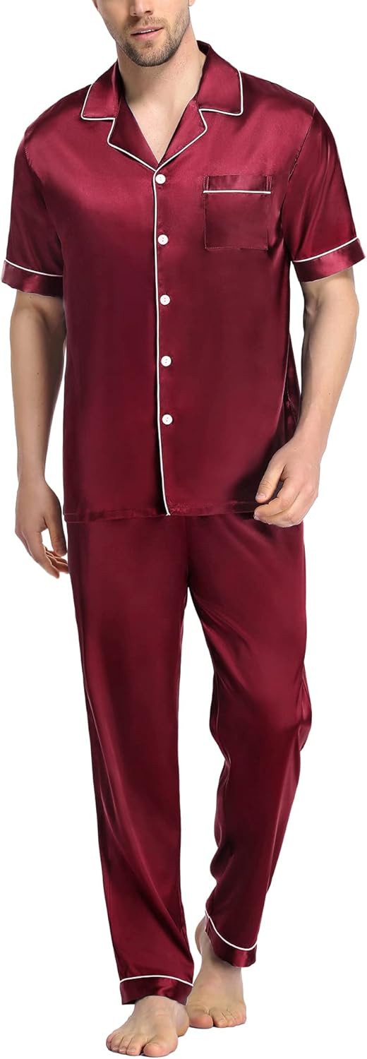 **Best SWOMOG Satin Silky Pajama Set, Special Mens Pajamas with Short Sleeve Cla...