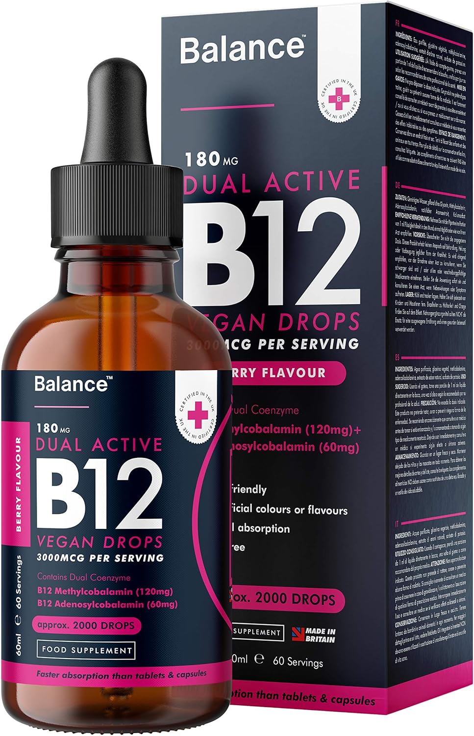 Vitamin B12 Liquid Drops - Vegan - High Strength 3000mcg - 2 Month Supply - 60 S...