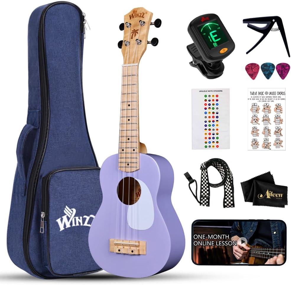 WINZZ Soprano Ukulele for Beginners, 21 Inch Hawaiian Wood Ukelele Kit for Kids...