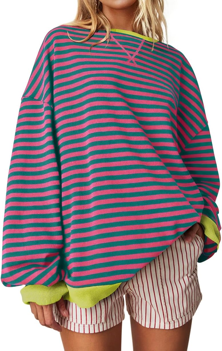 UEU Women Oversized Striped Crewneck Sweatshirt Long Sleeve Color Block Pullover...