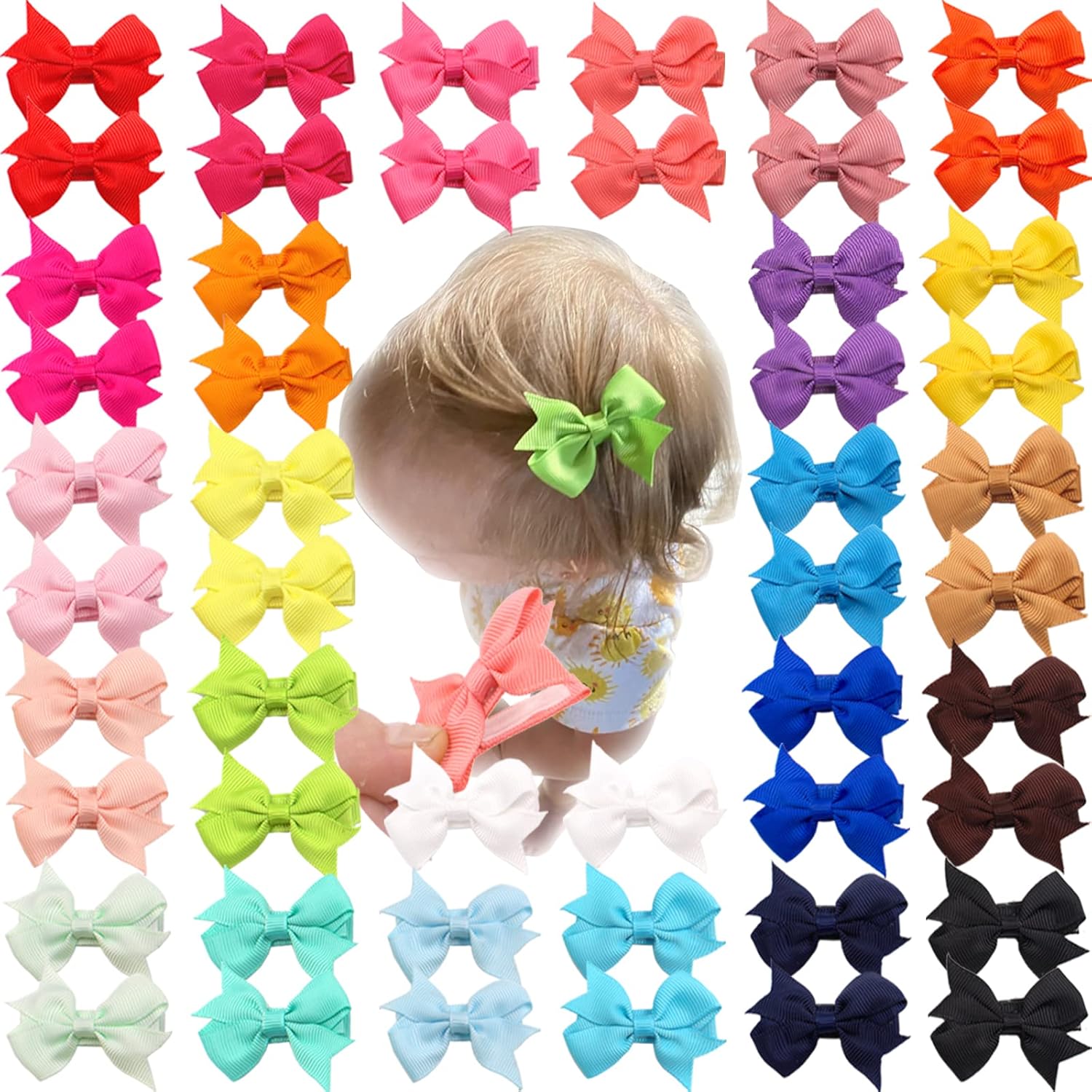 CÉLLOT Baby Hair Clips 50Pcs Tiny 2" Baby Hair Bows Fully Covered Barrettes Clip...