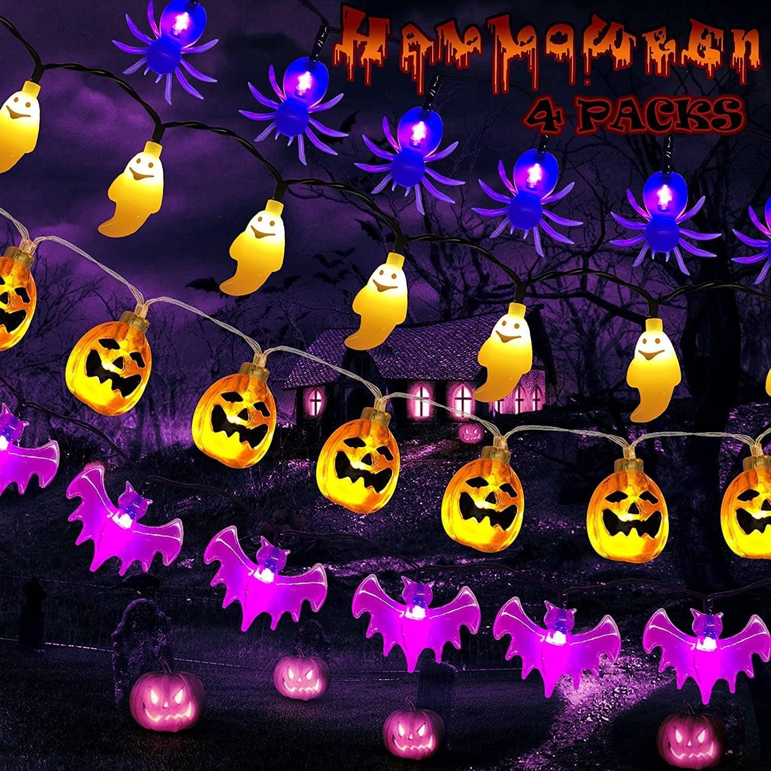 Halloween String Lights Halloween Decoration Lights, 4 Sets 40 LED Battery Opera...