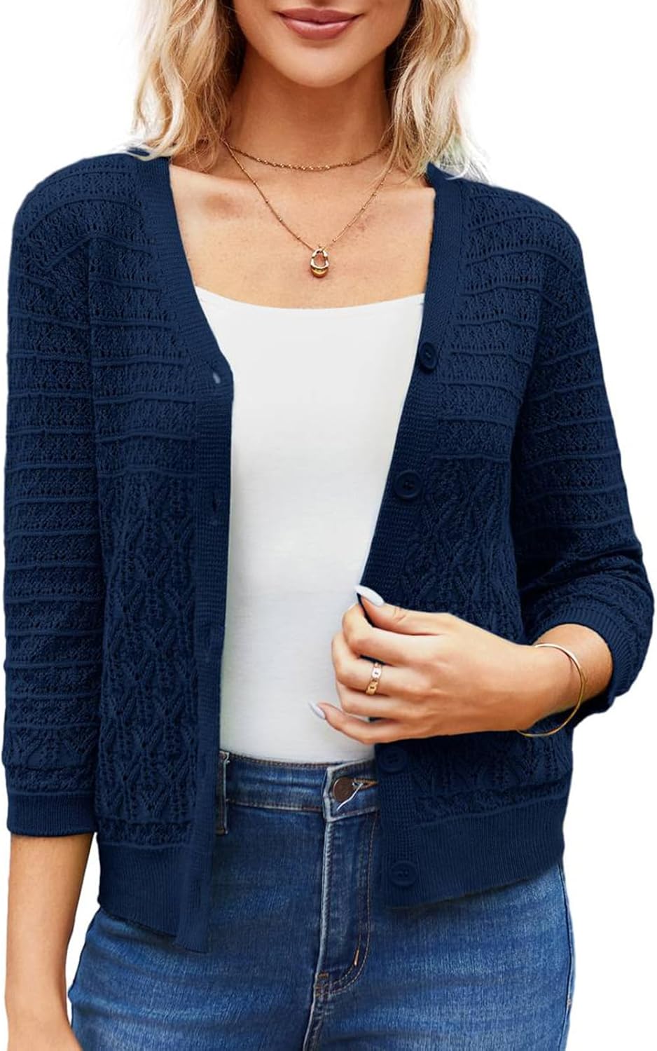 GRACE KARIN Women's Fashion, Special 3/4 Sleeve Crochet Knit Button Down Cardiga...