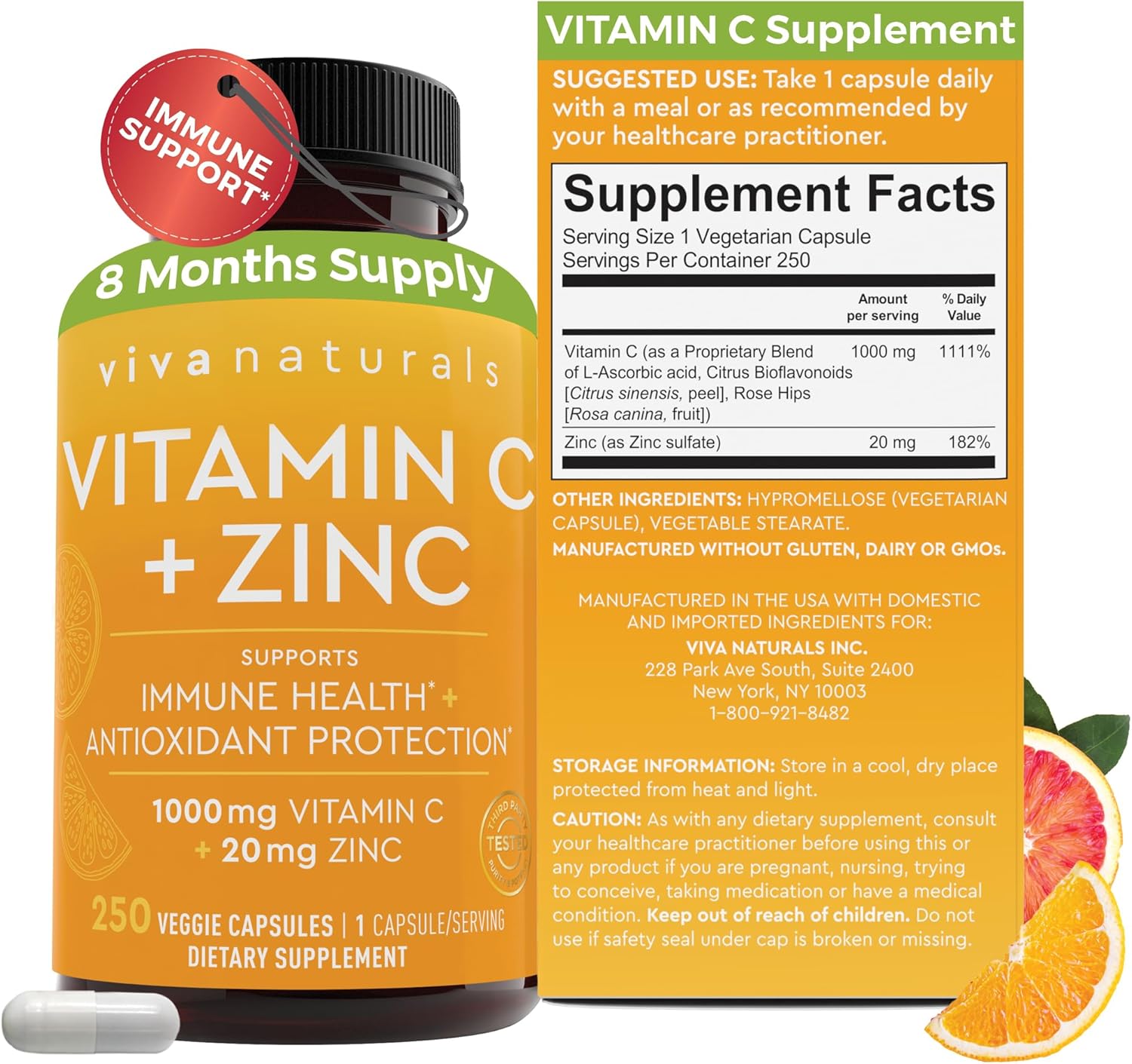 Viva Naturals Vitamin C and Zinc Supplement (250 Capsules) - 1000 mg Vitamin C w...