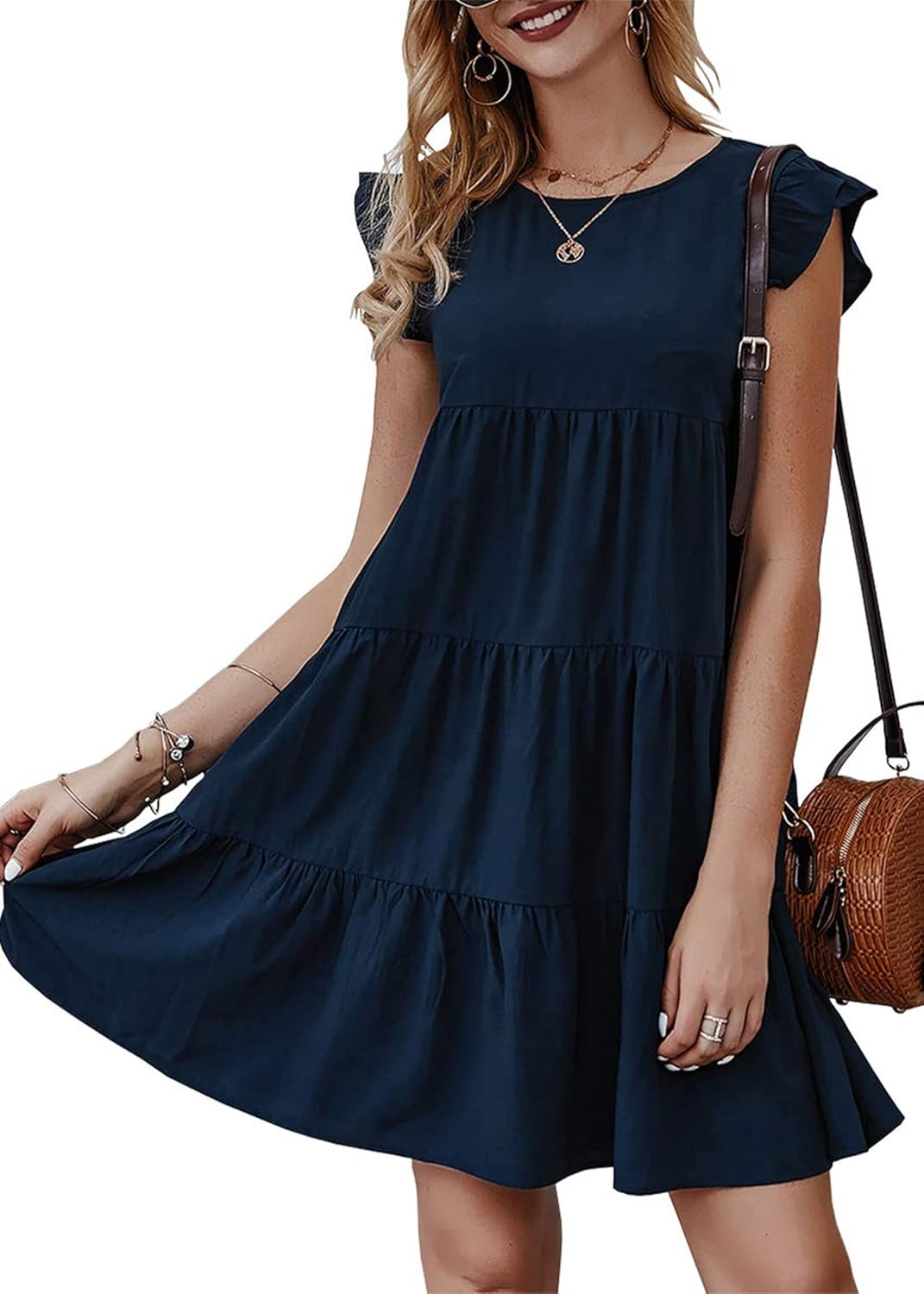 KIRUNDO Women's Summer Dresses Sleeveless Ruffle Sleeve Round Neck Solid Loose S...