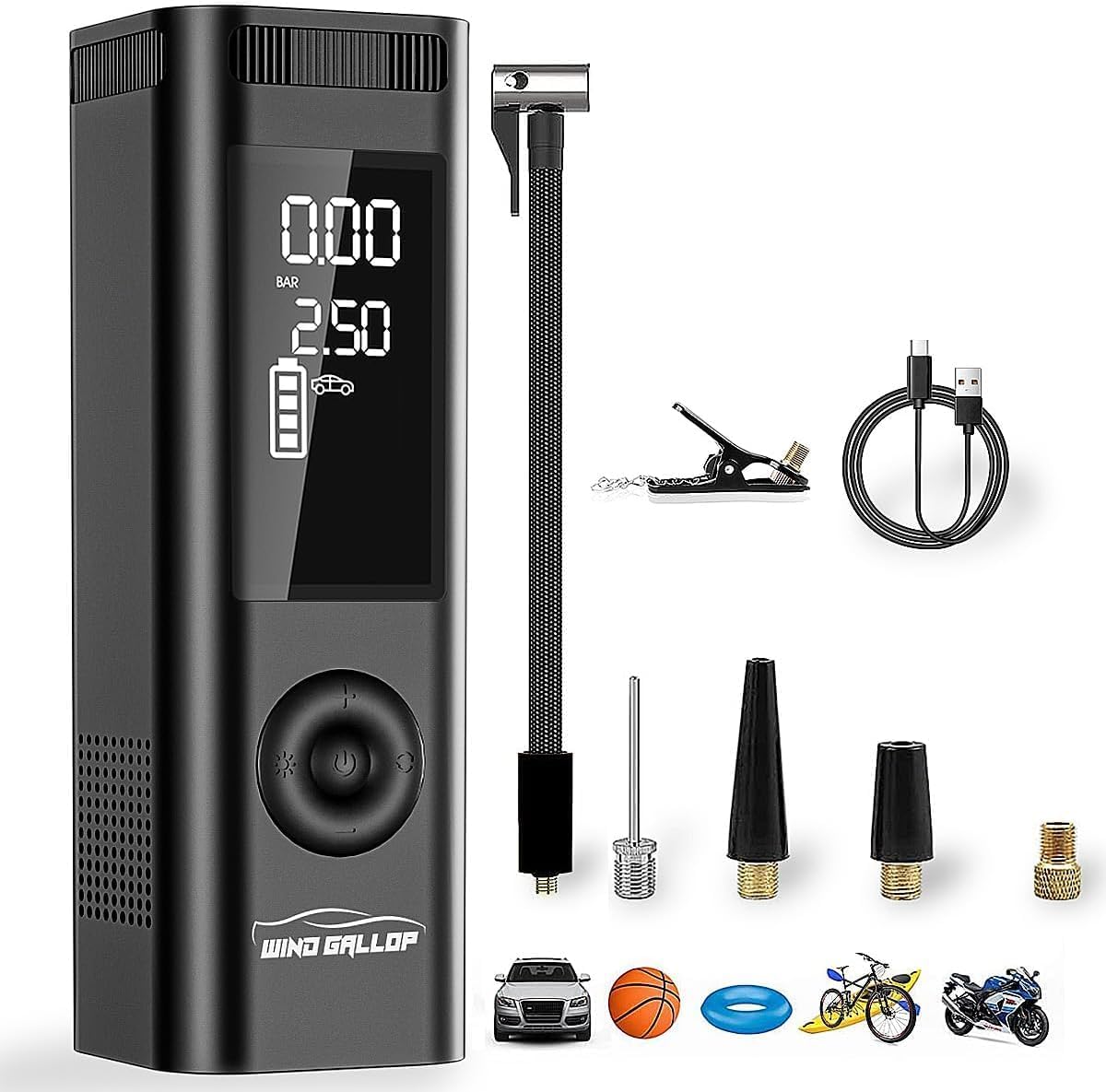 WindGallop Small Portable Air Compressor Tyre Inflator with Pressure Gauge Car T...