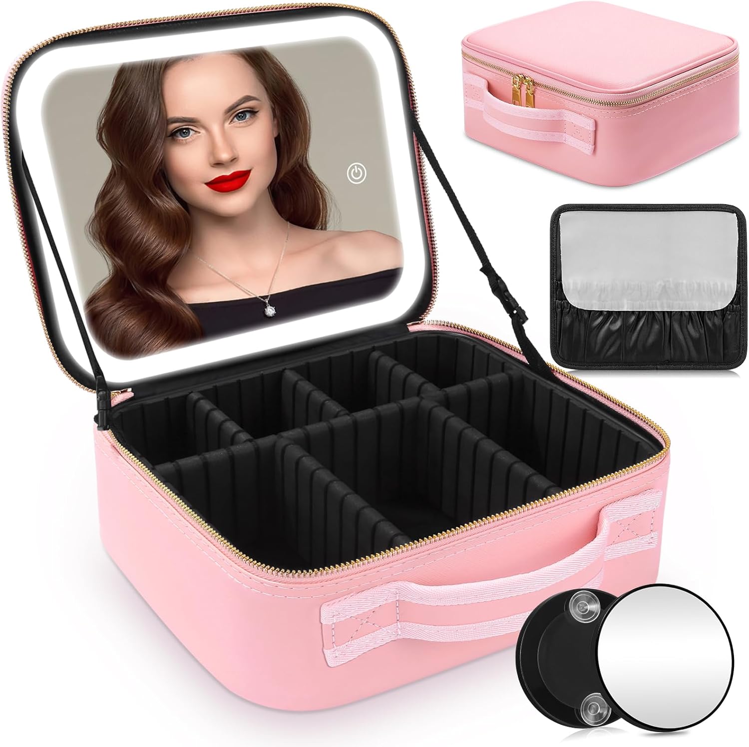Travel Makeup Bag with LED Mirror, Cosmetic Organizer Case with Adjustable Compa...