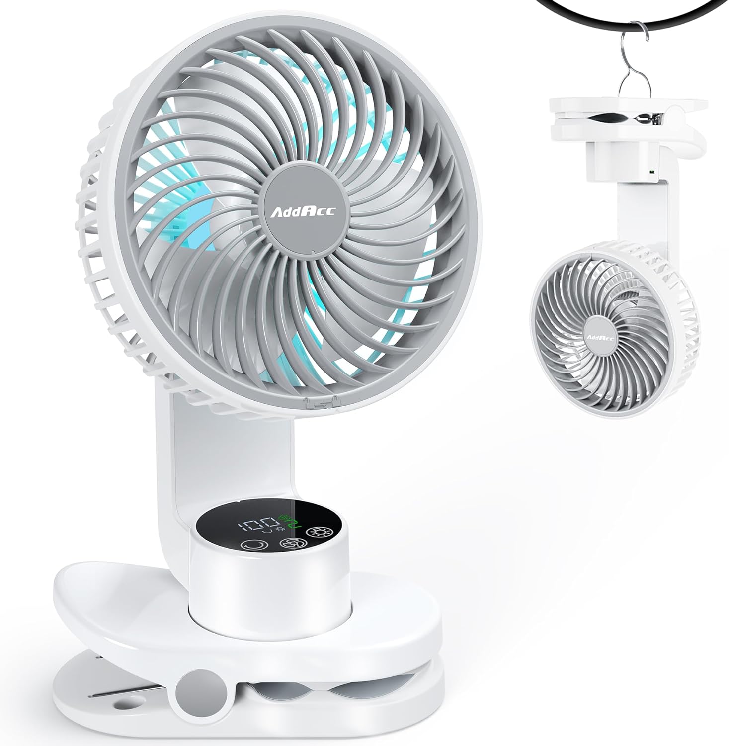 Small Desk Fan, Rechargeable Clip On Fan with Atmosphere Light & Hook, Battery O...