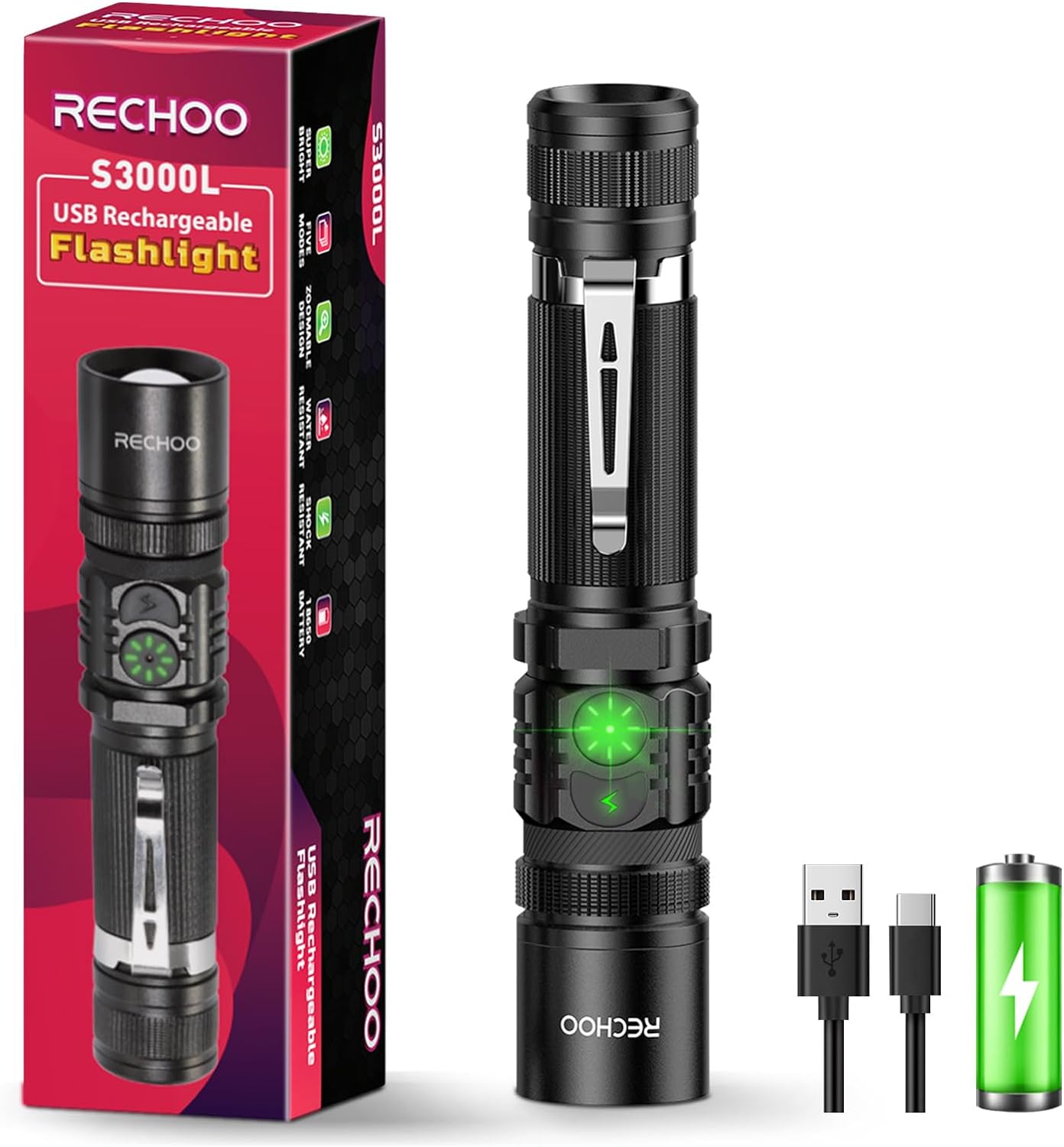 RECHOO Flashlight, Special USB Rechargeable Flashlight with Double Switch S3000L...